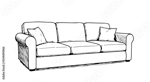 Comfortable sofa sketch with three seats and two pillows. Simple sofa drawing shows rolled armrests and cushions. Cozy sofa illustration perfect for furniture catalog, interior design magazine,