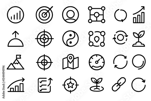A collection of minimalist icons representing business growth, target setting, strategy, success, and development, including growth charts, locations, recycling, and plant symbols.