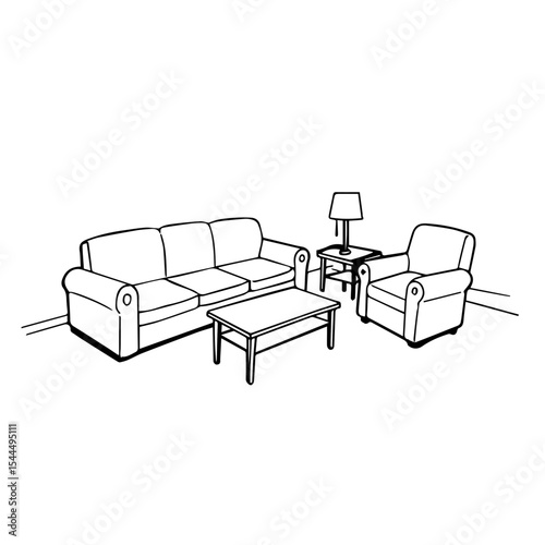 Simple living room furniture set drawing, including sofa, armchair, coffee table, and lamp.  This illustration depicts a basic living room furniture arrangement suitable for design projects.