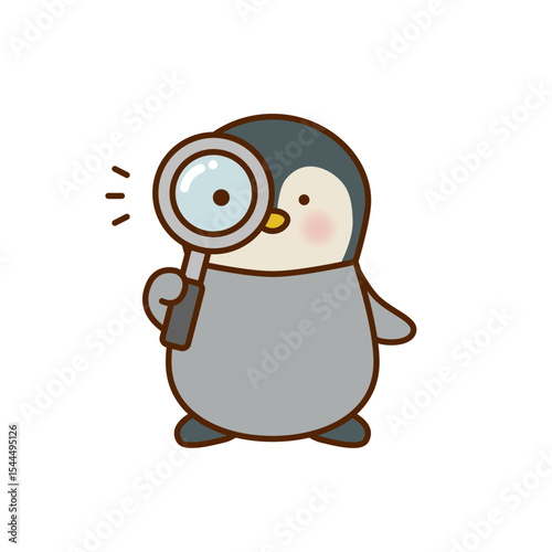虫眼鏡で観察するかわいいペンギンのイラスト（ベクター）