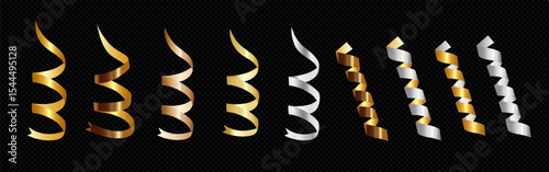 Gold and silver serpentine set. Parts isolated on black background. Decorations for carnival, Christmas party, birthday, Valentine's day. Vector illustration