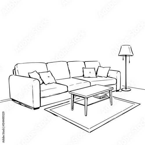 Sectional sofa sketch with coffee table and floor lamp. Comfortable living room furniture includes a sofa, coffee table, and lamp.