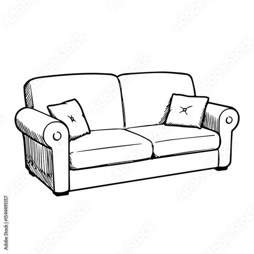 Comfortable sofa sketch with two pillows.  Simple sofa illustration showing rolled armrests and cushions.  Line drawing sofa perfect for interior design catalogs and furniture websites.