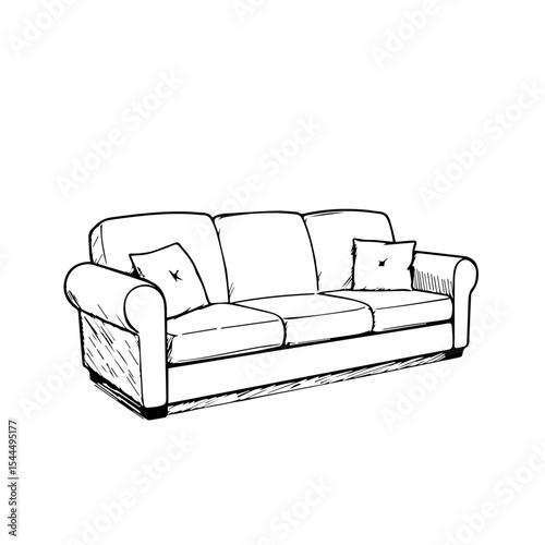 Sofa sketch drawing with three seats and two pillows. Comfortable sofa illustration with rolled arms and simple design.