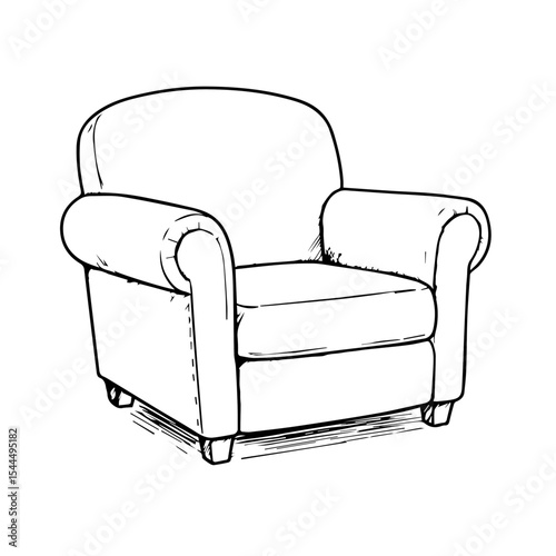 Comfortable armchair drawing illustration. Armchair sketch shows classic design with rounded armrests and upholstered seat.