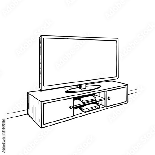 Flat screen television on modern media console with two doors and open shelf. Entertainment center includes flat screen tv and storage for media devices.