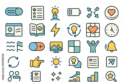 Set of colorful and modern icons depicting various concepts such as energy, tasks, notifications, and progress.