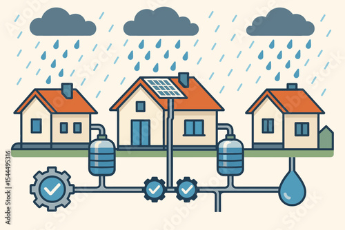 Illustration of homes with rainwater collection systems, solar panels, and water tanks, connected by pipes and gears for efficient water management.