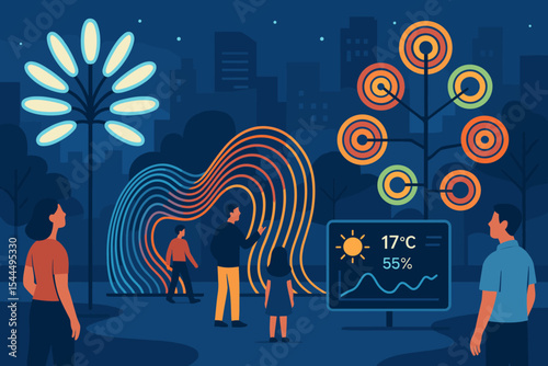 Futuristic urban park scene with interactive light installations, trees displaying colorful data circles, and a weather station showing temperature and humidity.