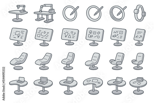 Set of futuristic office and workspace icons in soft sketch style