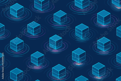 Seamless pattern of glowing 3D cubes with digital network rings