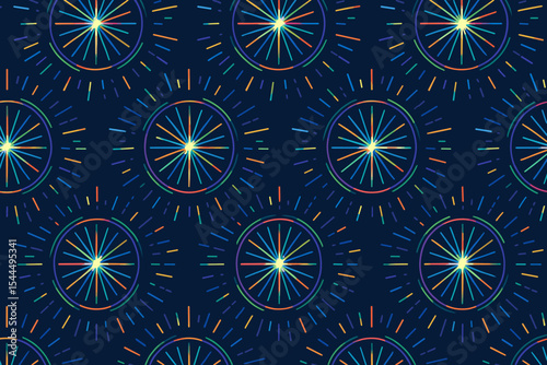 Vibrant pattern of circular shapes with colorful rays extending outward, creating a lively and energetic design.