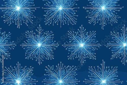 Seamless pattern of glowing snowflakes formed by circuit lines