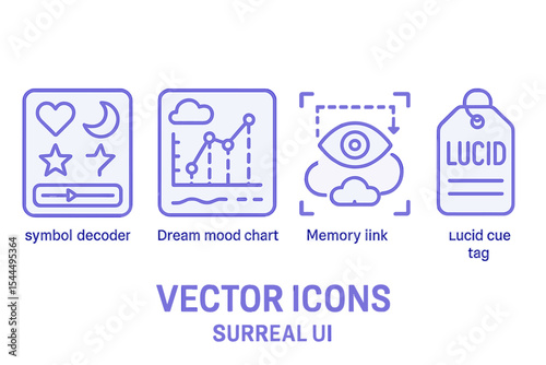 Set of surreal UI vector icons including symbol decoder, dream mood chart, memory link, and lucid cue tag.