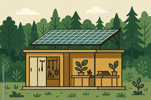 Illustration of a sustainable garden shed with solar panels surrounded by greenery.