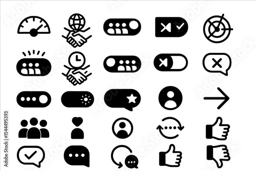 Dark mode UI icon set with symbols for users, feedback, toggles, and navigation