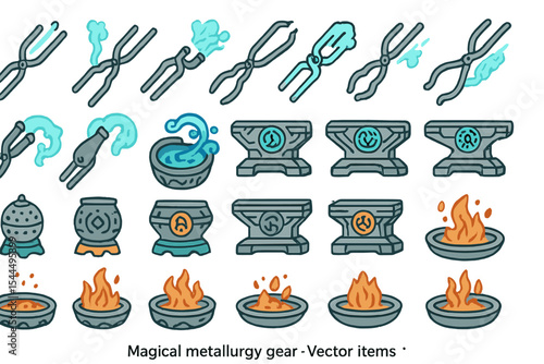 Fantasy-themed icon set of magical metallurgy tools, forges, flames, and enchanted gear