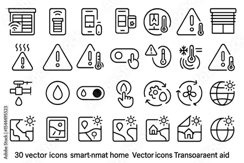 Smart home icon set featuring climate control, warnings, and automation