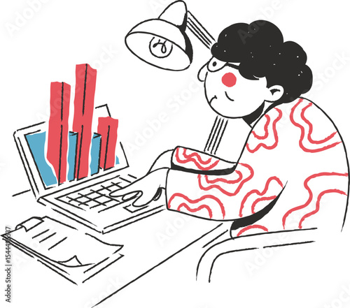 Businessman analyzing data on a computer screen a detailed vector illustration