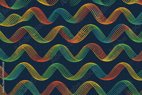 Seamless pattern of colorful rainbow sine waves on dark background