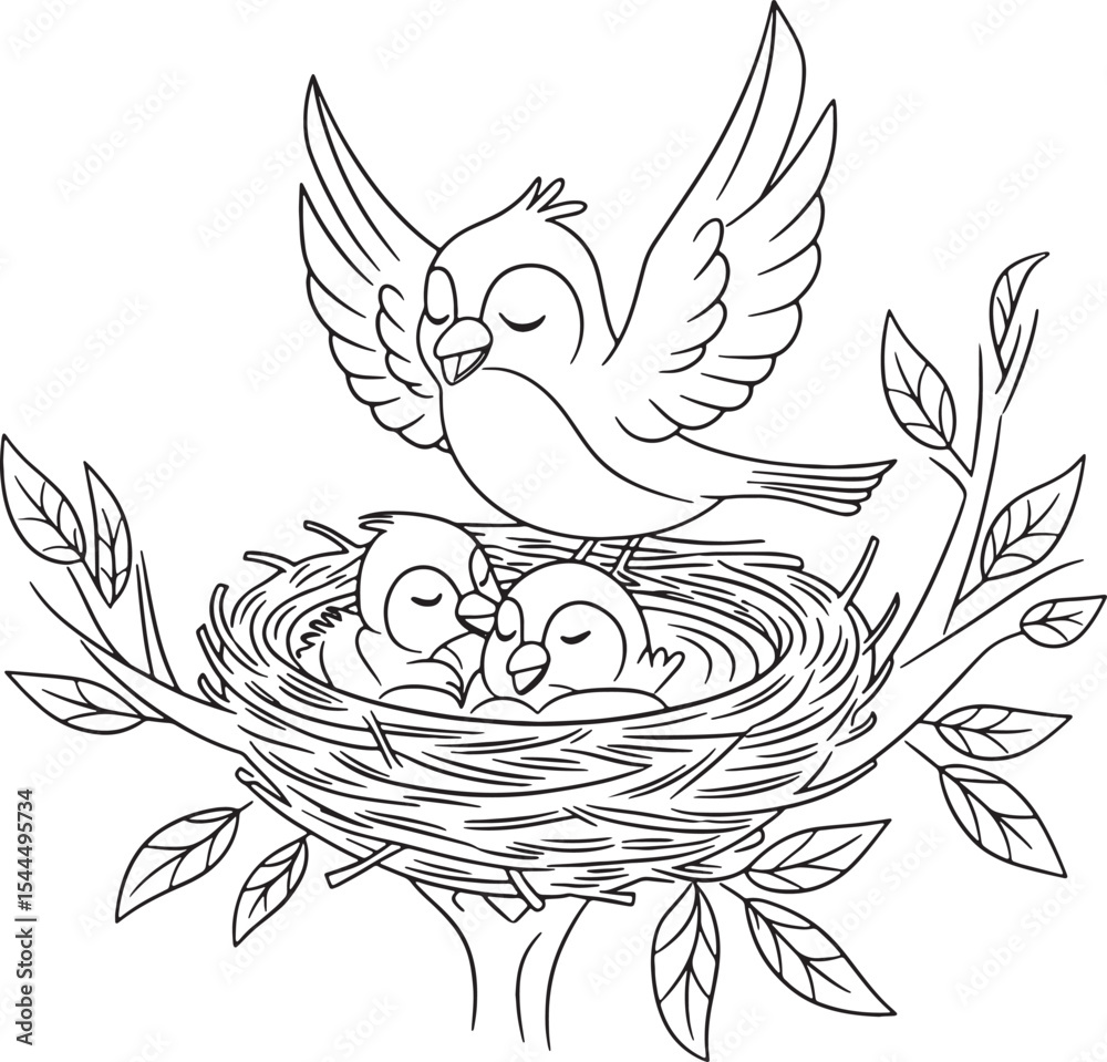 Obraz premium bird in nest with baby line art transparent background illustration