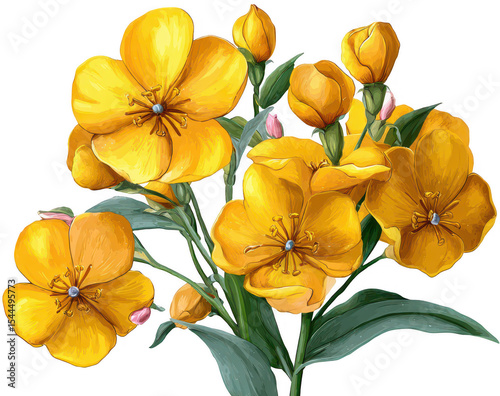 Vibrant yellow flowers in a detailed botanical illustration
