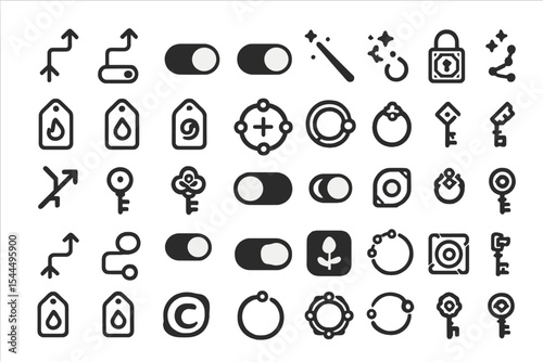 Set of minimalistic black icons including switches, keys, tags, and security symbols.