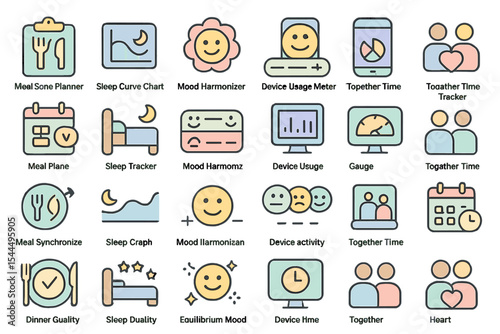 Set of colorful, minimal icons for lifestyle tracking including meal planning, sleep, mood monitoring, and device usage.