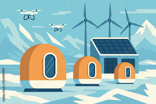 Futuristic landscape with drone, wind turbines, and solar-powered pods.