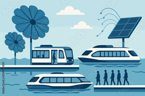 Illustration of sustainable transportation, featuring solar-powered boats, a tram, and wind-powered flowers, symbolizing eco-friendly mobility and green energy solutions.