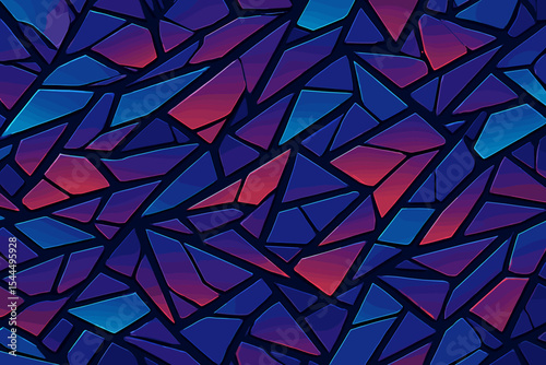Abstract geometric pattern of colorful shattered glass in shades of blue and purple.