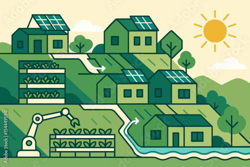 Sustainable hillside village with solar panels and smart farming