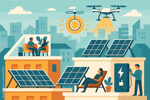 Urban rooftop scene with solar panels, energy drone, and smart charging