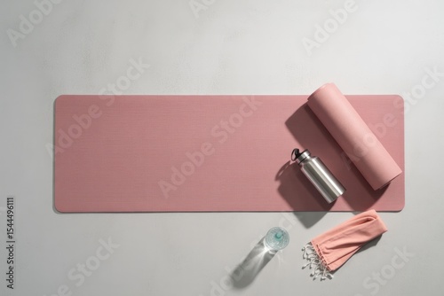 Pink Yoga Mat with Water Bottle and Towel Overhead View