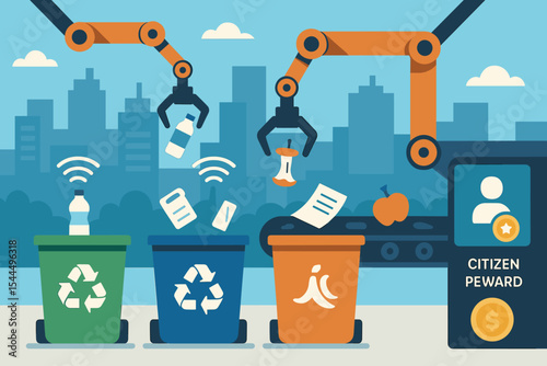 Illustration of a robotic recycling system with citizen rewards for waste sorting.