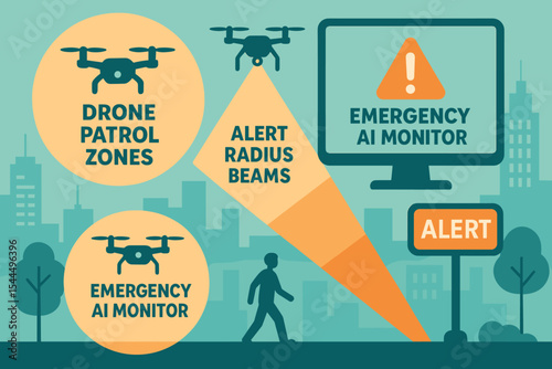 Illustration of a city surveillance system with drones, emergency AI monitor, and alert radius beams.