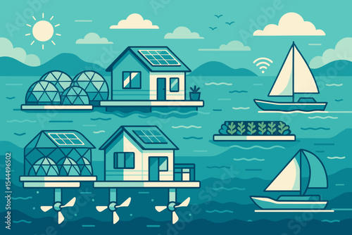 Futuristic floating homes and farms with solar panels, wind turbines, and sailboats.