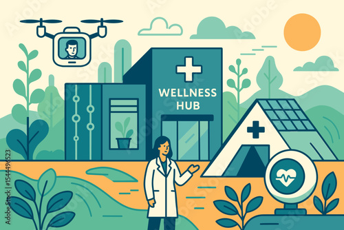 Futuristic wellness hub with doctor, health tech, and medical drone