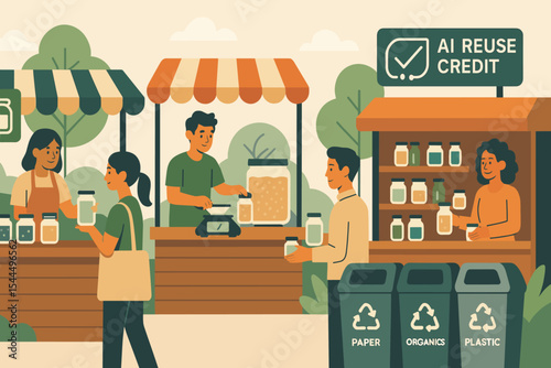 Eco-friendly market scene with AI reuse credit and recycling bins
