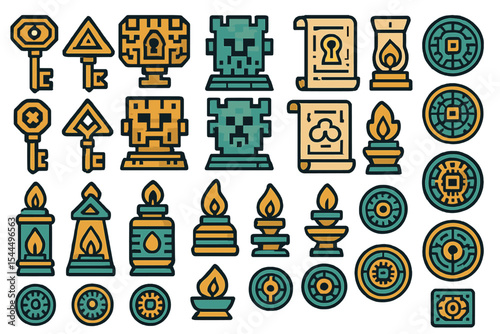 Colorful fantasy RPG icons of keys, torches, scrolls, and runes
