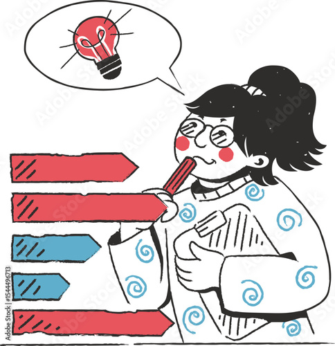 Thoughtful woman strategizing data improvement business analytics concept illustration