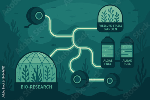 Illustration of underwater bio-research systems focusing on algae fuel production.