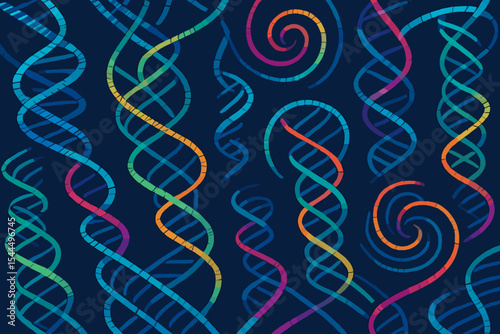 Colorful abstract pattern of DNA helix-like spirals in vibrant hues.