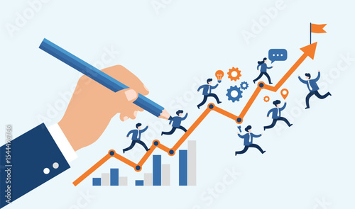  Business Team Driving Growth, Achieving Goals, and Optimizing Performance with Strategic Planning and Continuous Improvement for Success flat vector illustration