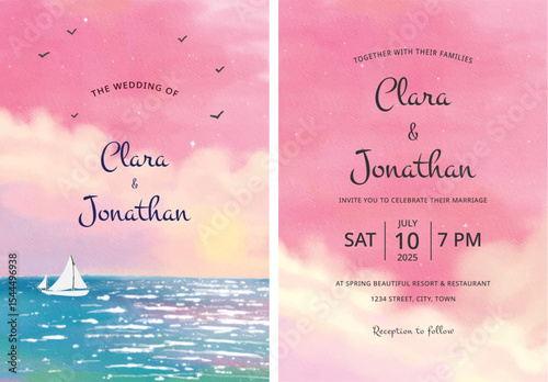 Set of watercolor wedding invitation cards pink seascape sunset sky