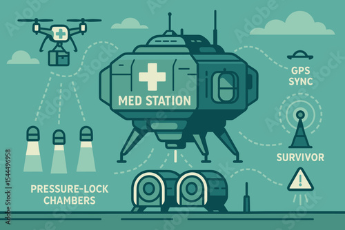 Futuristic med station illustration with drone, GPS sync, and rescue systems