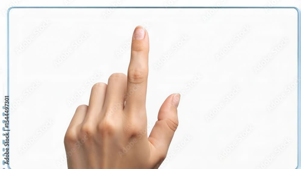 Person's hand touching a blank white interactive screen with a blue border, pressing with index finger, technology interface concept.