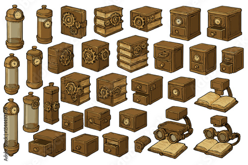 Steampunk-style illustrated icons of books, drawers, cylinders, and goggles