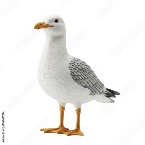 A detailed, realistic model of a seagull, featuring white and grey plumage with a yellow beak and legs, standing upright. Ideal for educational materials or coastal themed designs.
