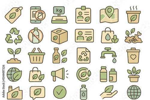Colorful eco icons representing sustainability, recycling, and green products